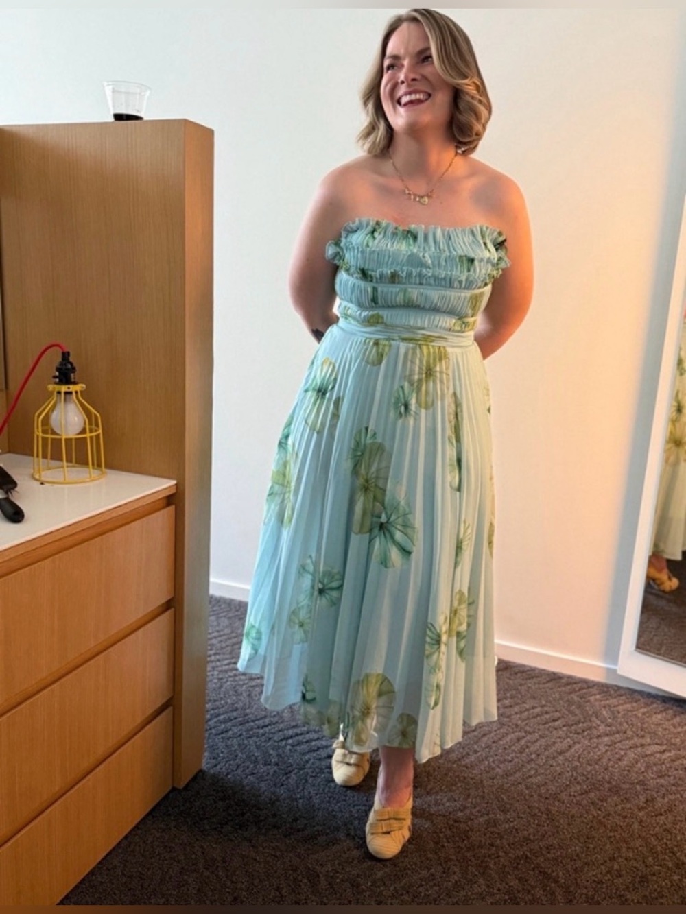 Amur Cathy Midi Dress Blue Green Pleated Strapless Floral Size 8